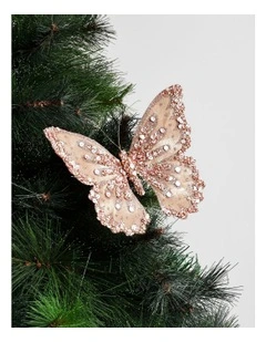 Luxe Christmas Fabric Glitter Butterfly with Jewels Clip 19cm in Pink