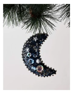 Luxe Christmas Embellished Plush Moon Ornament 12cm in Navy