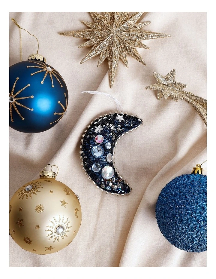 Luxe Christmas Embellished Plush Moon Ornament 12cm in Navy image 3
