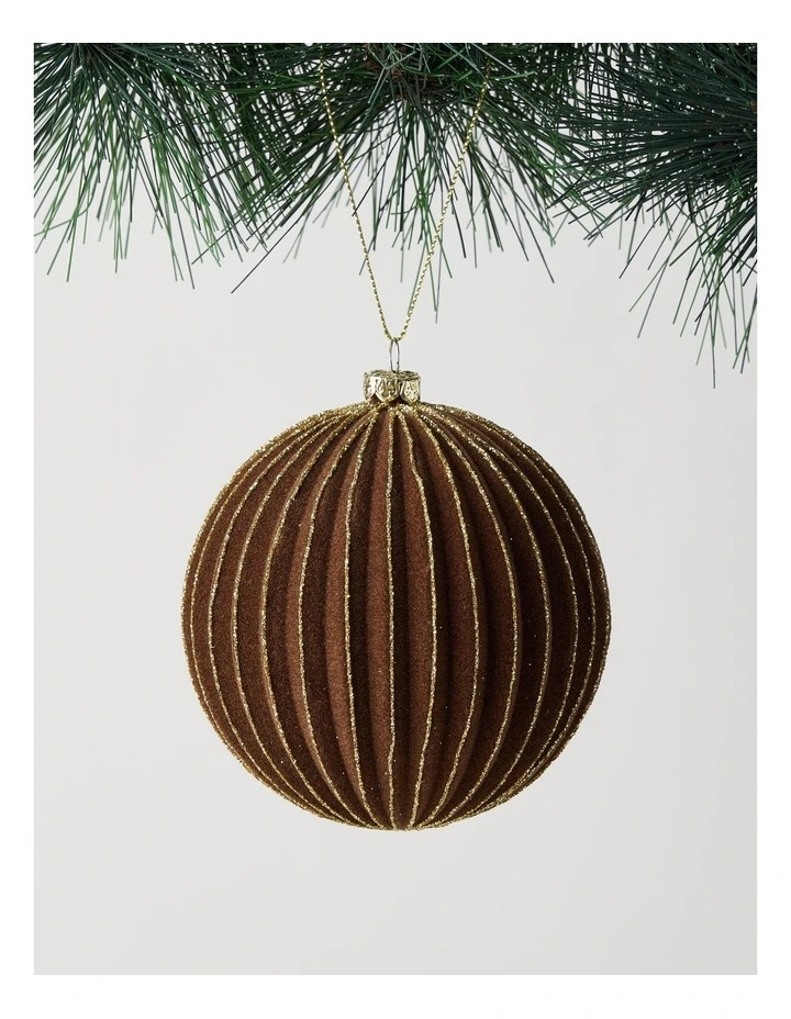 Harvest Christmas Flocked Ribbed Bauble 10cm in Brown image 1