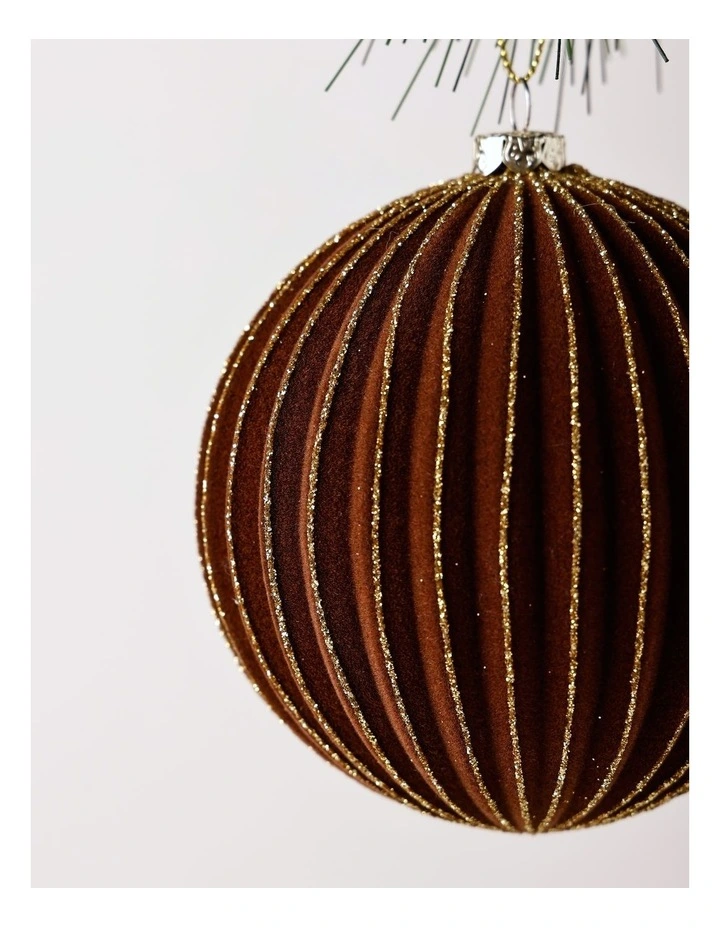 Harvest Christmas Flocked Ribbed Bauble 10cm in Brown image 2