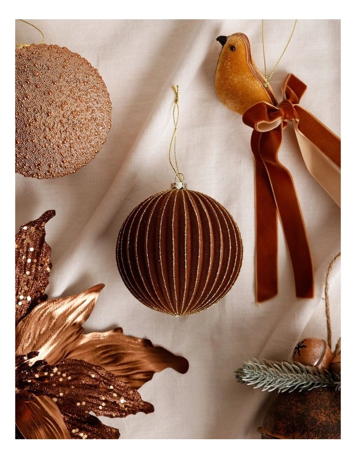 Harvest Christmas Flocked Ribbed Bauble 10cm in Brown image 5