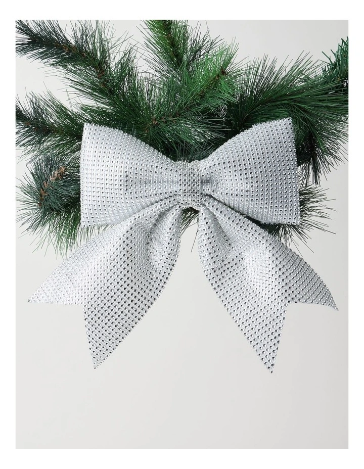 Luxe Christmas Fabric Bejewelled Bow Clip 29cm in Silver image 1