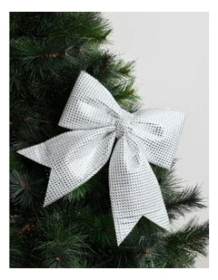 Luxe Christmas Fabric Bejewelled Bow Clip 29cm in Silver