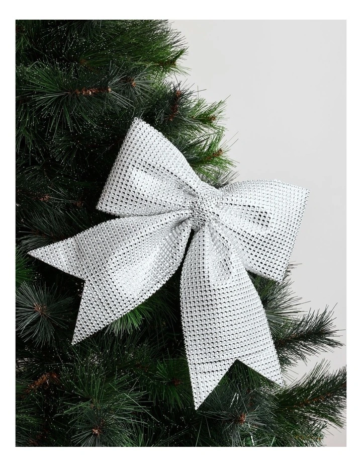 Luxe Christmas Fabric Bejewelled Bow Clip 29cm in Silver image 1