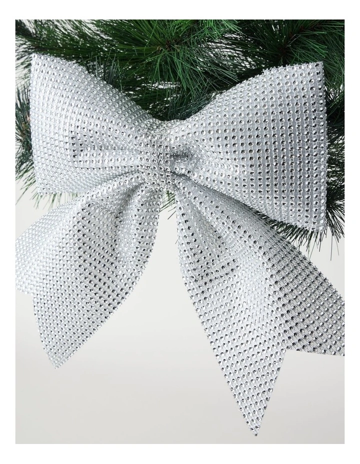 Luxe Christmas Fabric Bejewelled Bow Clip 29cm in Silver image 2