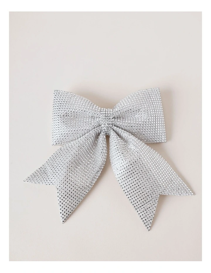 Luxe Christmas Fabric Bejewelled Bow Clip 29cm in Silver image 2