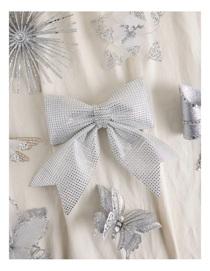 Luxe Christmas Fabric Bejewelled Bow Clip 29cm in Silver image 3