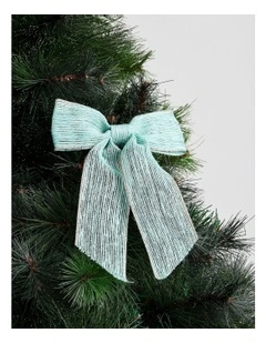 Eucalyptus Christmas Fabric Bow with Glitter Trim Clip 23cm in Blue