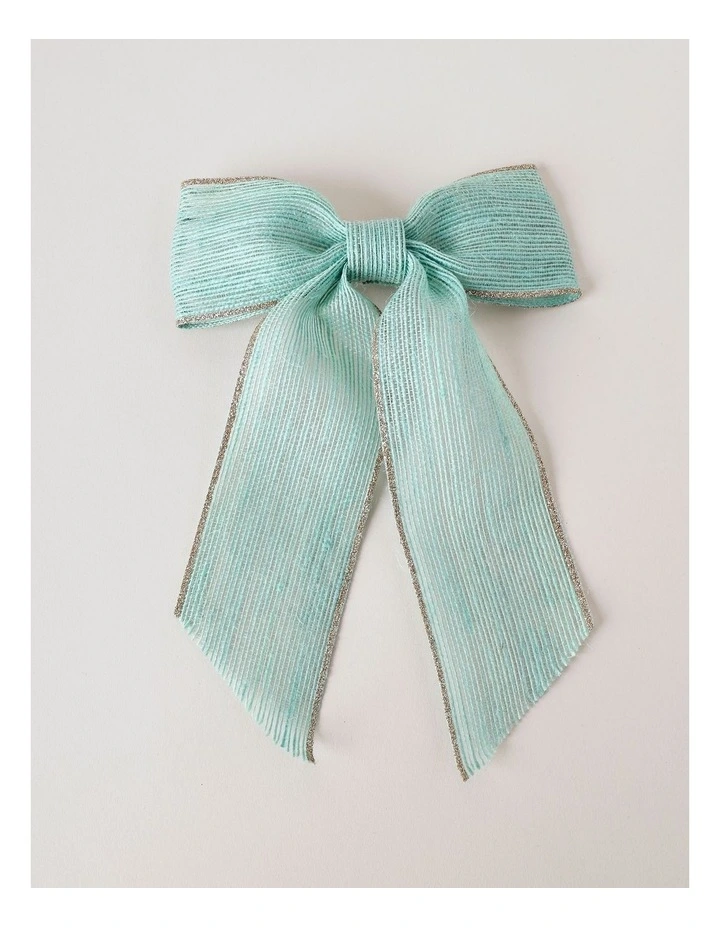 Eucalyptus Christmas Fabric Bow with Glitter Trim Clip 23cm in Blue image 2