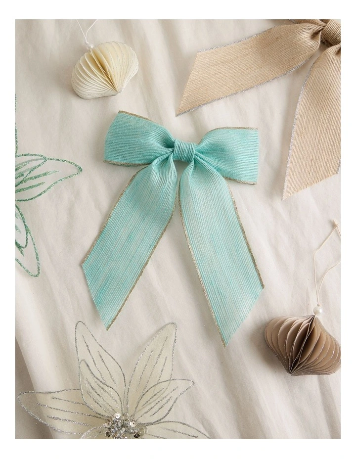 Eucalyptus Christmas Fabric Bow with Glitter Trim Clip 23cm in Blue image 3