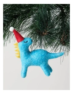 Nostalgia Christmas Felt Dinosaur Ornament with Hat 10cm in Blue