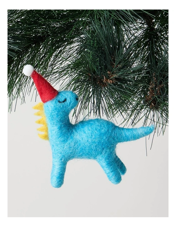 Nostalgia Christmas Felt Dinosaur Ornament with Hat 10cm in Blue image 1