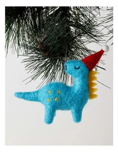 Candyland Christmas Felt Dinosaur Ornament with Hat 10cm in Blue