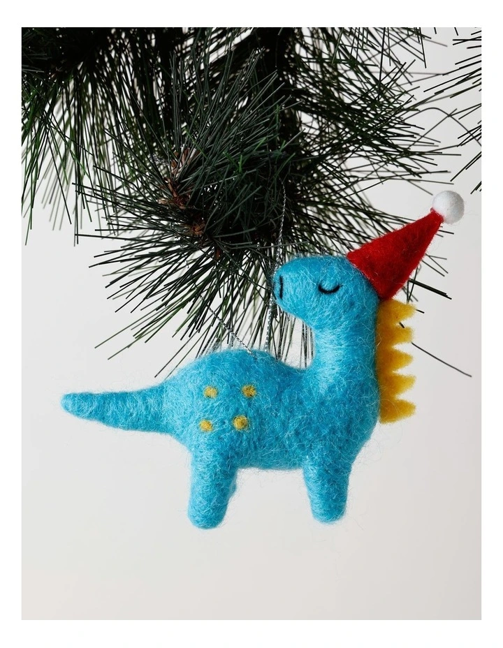 Candyland Christmas Felt Dinosaur Ornament with Hat 10cm in Blue image 1