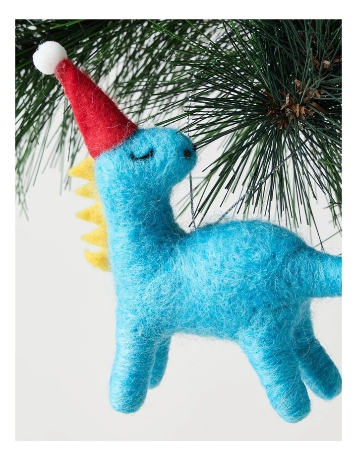Nostalgia Christmas Felt Dinosaur Ornament with Hat 10cm in Blue image 2