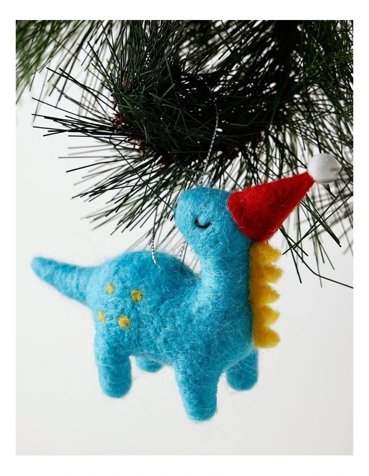 Candyland Christmas Felt Dinosaur Ornament with Hat 10cm in Blue image 2