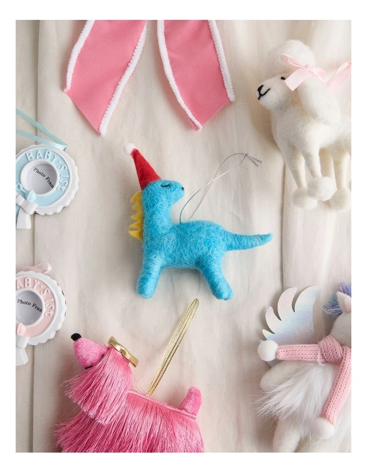 Nostalgia Christmas Felt Dinosaur Ornament with Hat 10cm in Blue image 3