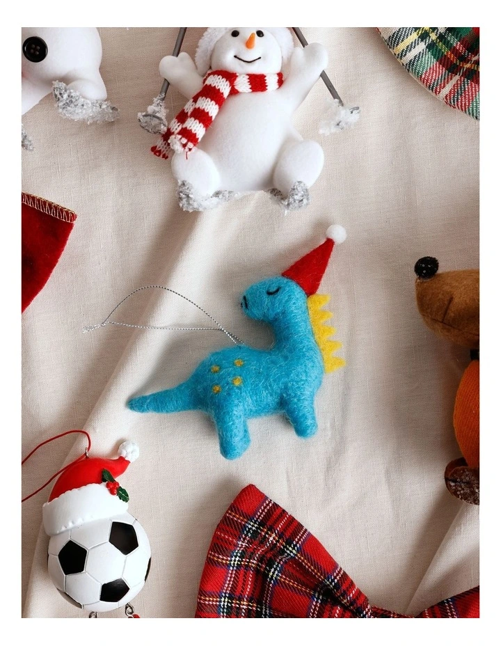 Candyland Christmas Felt Dinosaur Ornament with Hat 10cm in Blue image 3