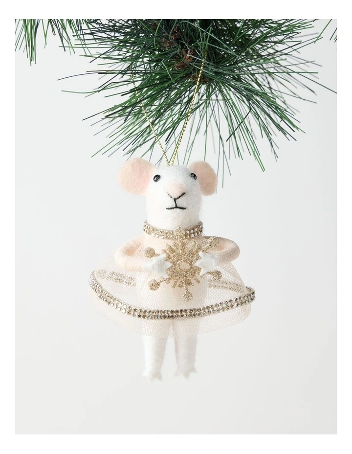 Luxe Christmas Felt Mouse Ornament with Tulle Skirt in White: 10.2cm image 1