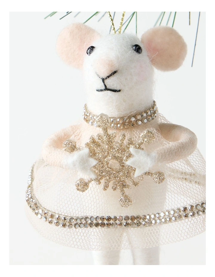 Luxe Christmas Felt Mouse Ornament with Tulle Skirt in White: 10.2cm image 4