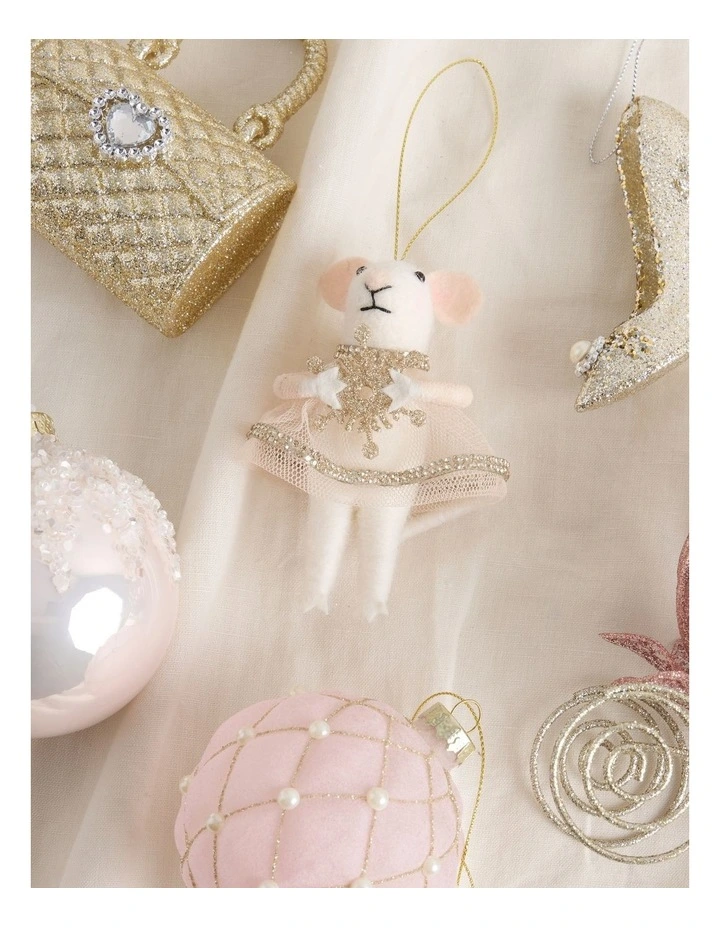 Luxe Christmas Felt Mouse Ornament with Tulle Skirt in White: 10.2cm image 5