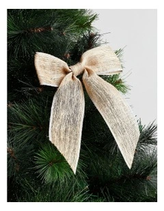 Eucalyptus Christmas Fabric Hessian Bow with Glitter Trim Clip 23cm in Natural