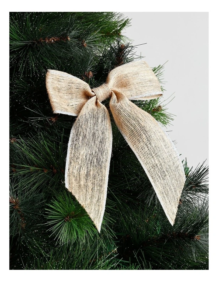 Eucalyptus Christmas Fabric Hessian Bow with Glitter Trim Clip 23cm in Natural image 1