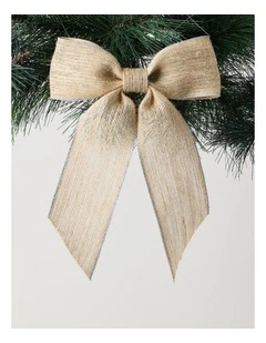 Eucalyptus Christmas Fabric Hessian Bow with Glitter Trim Clip 23cm in Natural