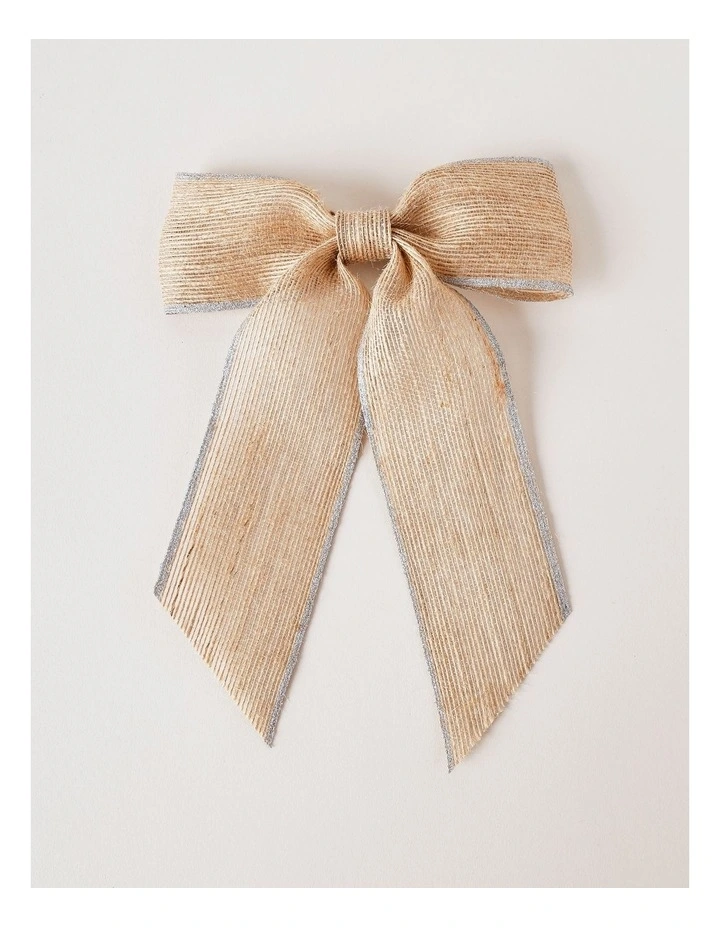 Eucalyptus Christmas Fabric Hessian Bow with Glitter Trim Clip 23cm in Natural image 2