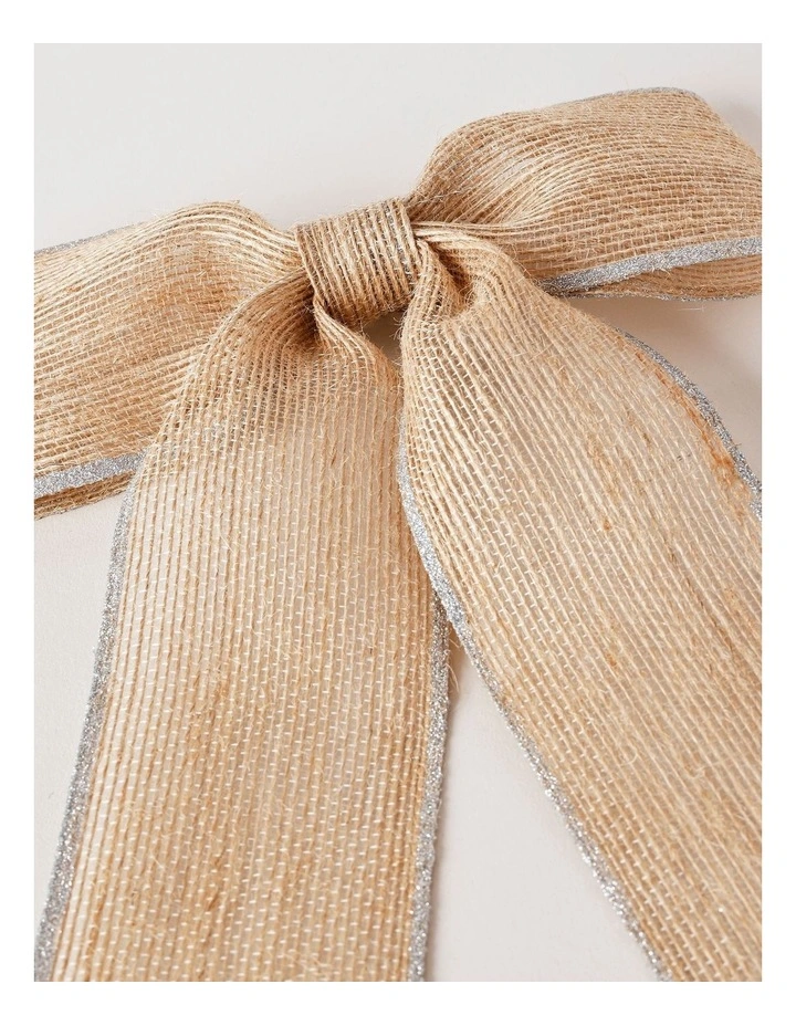 Eucalyptus Christmas Fabric Hessian Bow with Glitter Trim Clip 23cm in Natural image 3