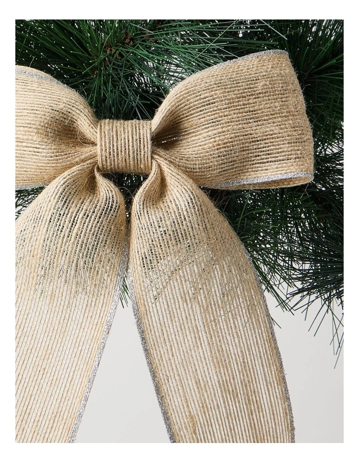 Eucalyptus Christmas Fabric Hessian Bow with Glitter Trim Clip 23cm in Natural image 3