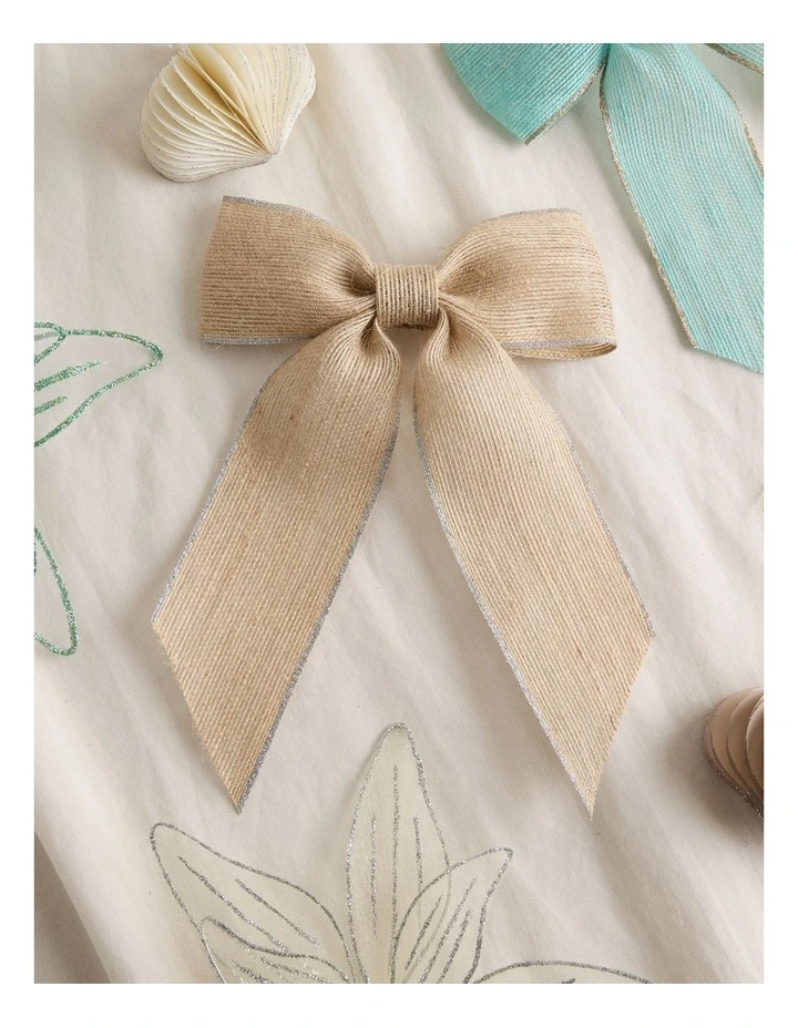 Eucalyptus Christmas Fabric Hessian Bow with Glitter Trim Clip 23cm in Natural image 4