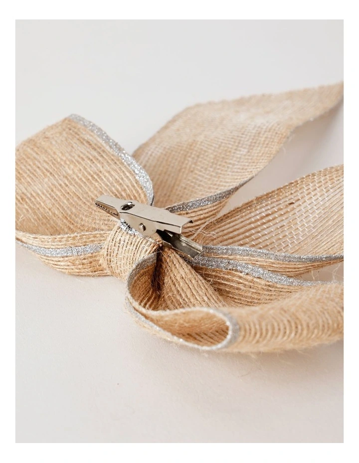 Eucalyptus Christmas Fabric Hessian Bow with Glitter Trim Clip 23cm in Natural image 4
