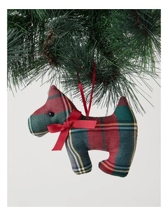 Heirloom Fabric Tartan Scottie Dog Ornament with Bow 11cm in Red