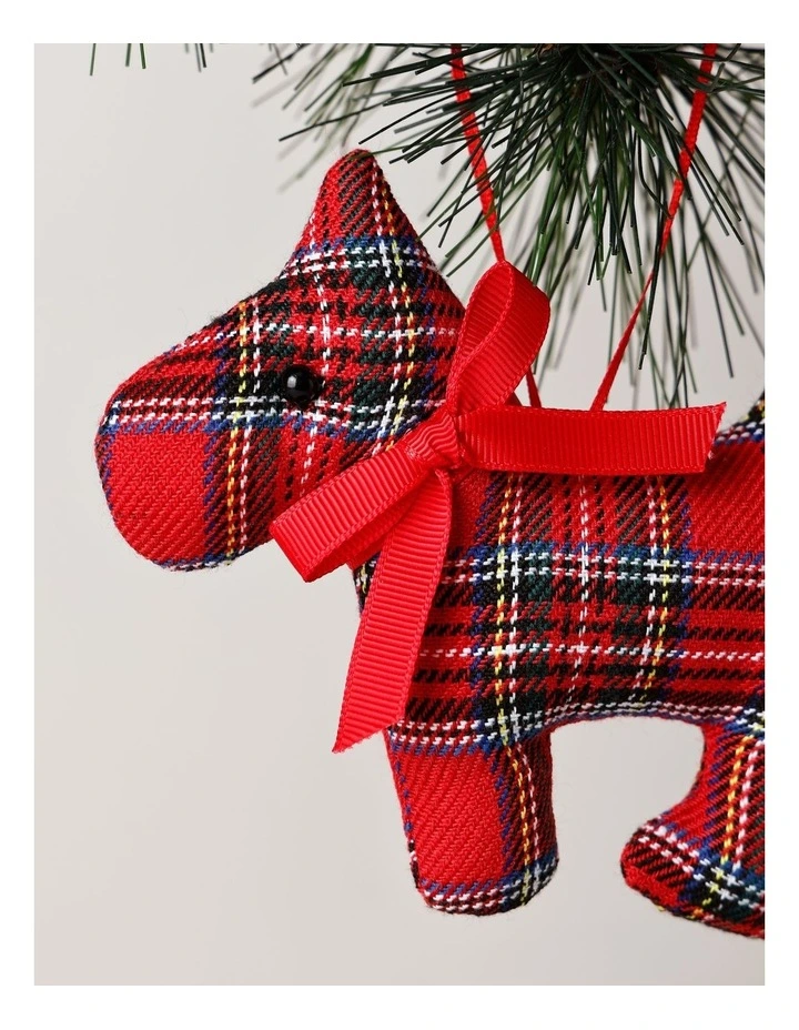 Fabric Tartan Scottie Dog Ornament withBow 11cm in Red image 2