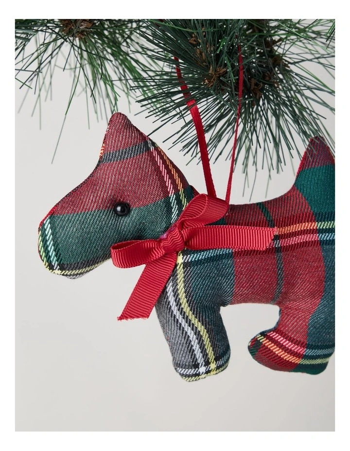 Heirloom Fabric Tartan Scottie Dog Ornament with Bow 11cm in Red image 2
