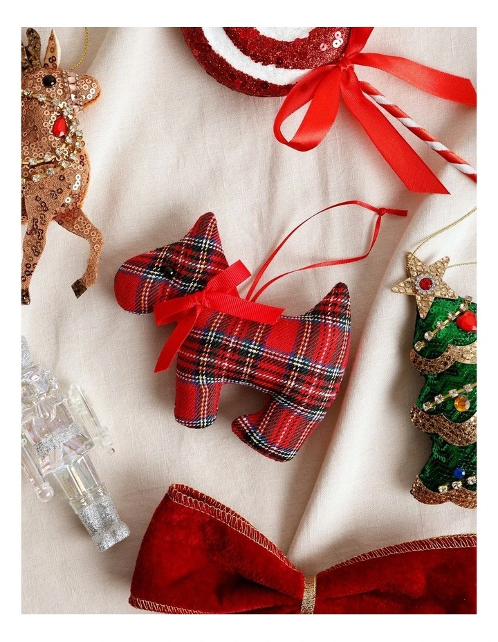 Fabric Tartan Scottie Dog Ornament withBow 11cm in Red image 3