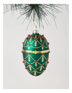 Heirloom Christmas Glass Gem Hinged Egg Ornament 10cm in Green