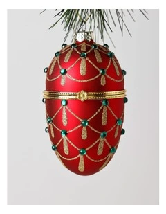 Heirloom Christmas Glass Gem Hinged Egg Ornament 10cm in Red