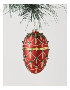 Heirloom Christmas Glass Gem Hinged Egg Ornament 10cm in Red