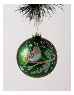 Harvest Christmas Glass Bird Bauble 10cm in Green