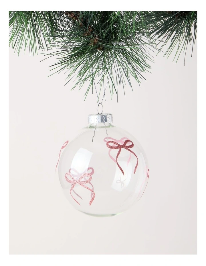 Luxe Christmas Glass Bow Detail Bauble 10cm in Pink image 1