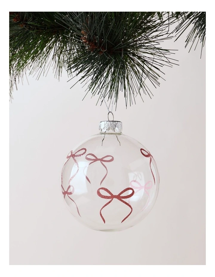 Luxe Christmas Glass Bow Detail Bauble 10cm in Pink image 1
