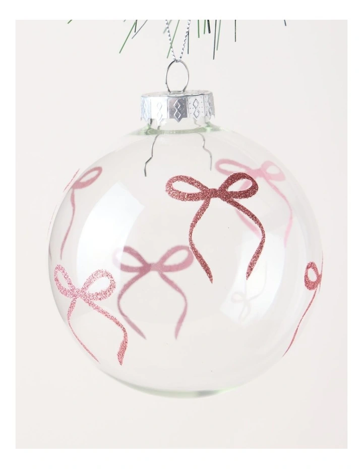 Luxe Christmas Glass Bow Detail Bauble 10cm in Pink image 2