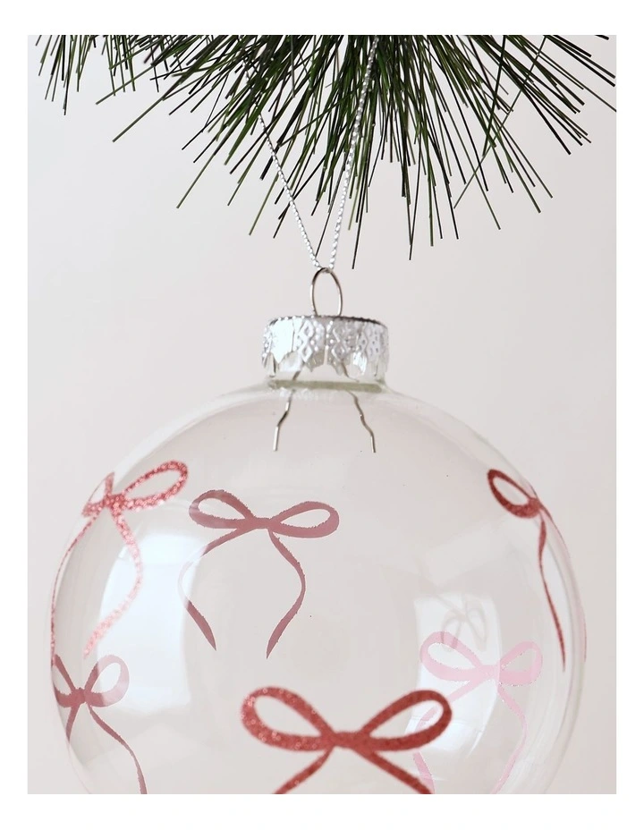 Luxe Christmas Glass Bow Detail Bauble 10cm in Pink image 2
