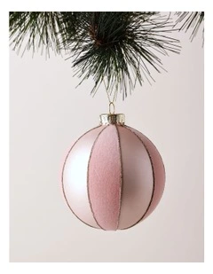 Luxe Christmas Glass Flocked Striped Bauble 8cm in Pink