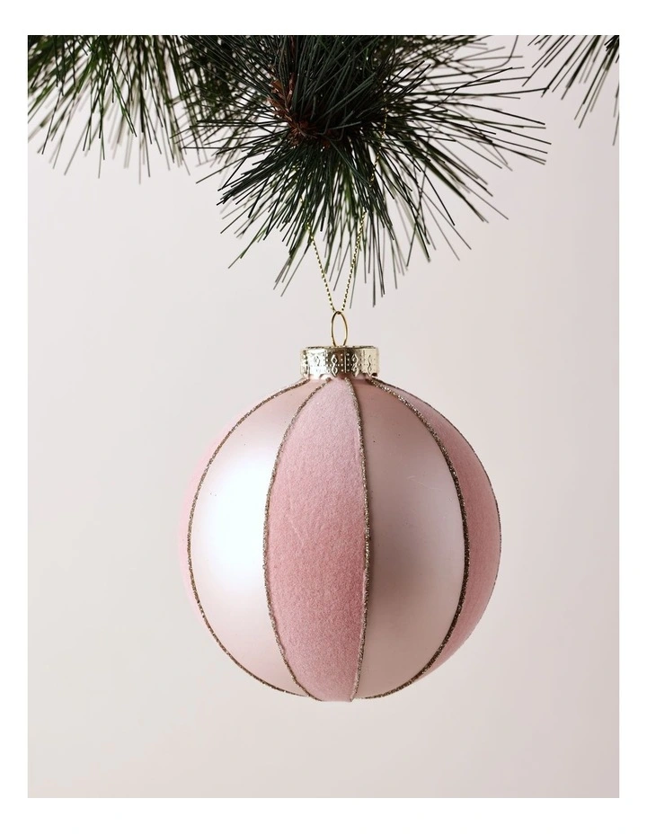 Luxe Christmas Glass Flocked Striped Bauble 8cm in Pink image 1