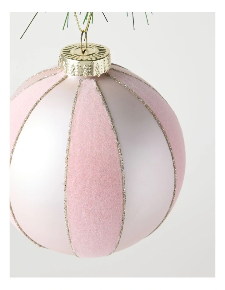 Luxe Christmas Glass Flocked Striped Bauble 8cm in Pink image 2