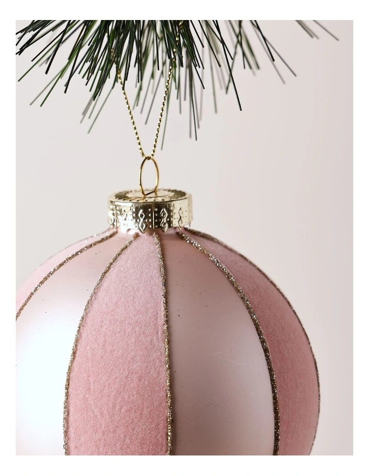 Luxe Christmas Glass Flocked Striped Bauble 8cm in Pink image 2